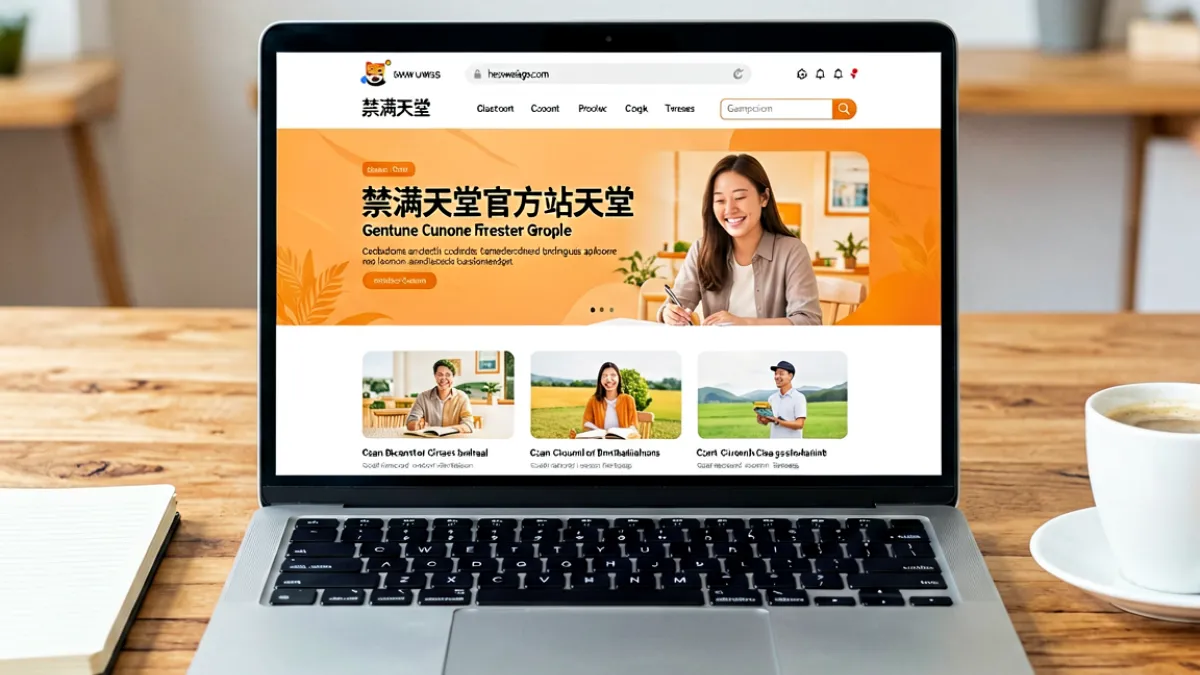 电脑屏幕展示禁满天堂官方网站首页界面，地址栏显示官方域名，页面顶部导航栏清晰可见，整体布局简洁专业，适合新手引导阅读的场景
