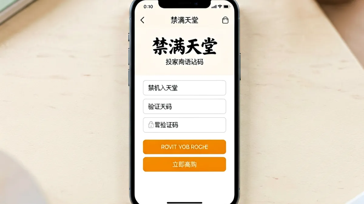 手机屏幕显示禁满天堂官方App注册页面的截图，手机号输入框和验证码输入区域清晰可见，界面设计简洁，配色以暖橙色为主，便于新手对照操作