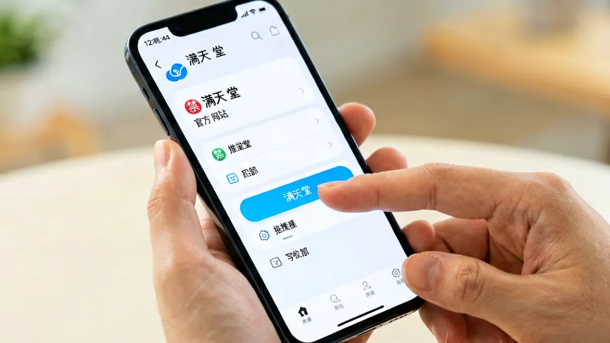 手机屏幕上展示禁 满天 堂 官方 网站的移动端适配页面，手指正在点击设置按钮，背景为简洁的列表界面