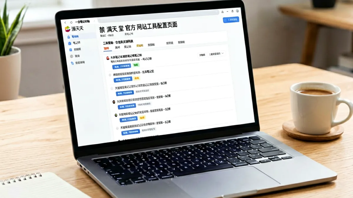 一台笔记本电脑屏幕上显示着禁 满天 堂 官方 网站工具配置页面，旁边放着一杯咖啡和纸质笔记本，整体呈现桌面办公的真实场景